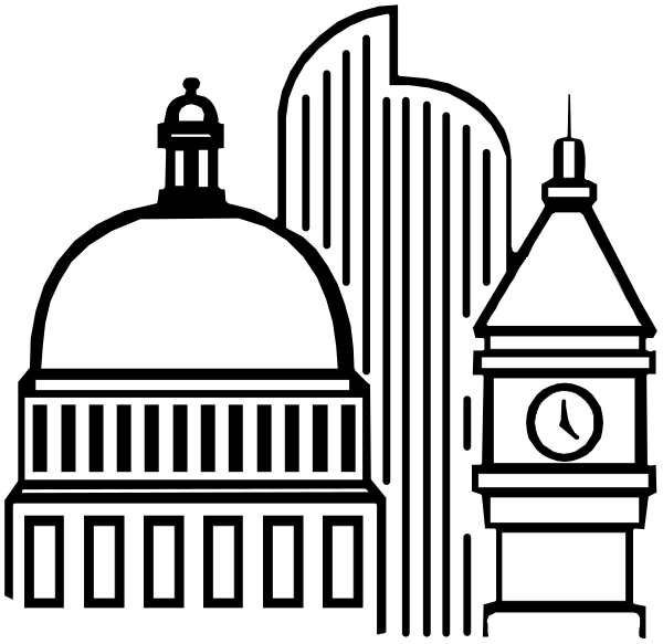 The black and white illustration shows a cityscape with an iconic clock tower on its left side, which is part of what appears to be a capitol building in Washington D.C., based on architectural features such as columns and pediments; there's also another smaller dome structure visible behind the main one. To the right are two buildings that resemble churches with steeples or towers at their peaks, suggesting they might represent religious institutions within a city setting. The image is simple in its design but conveys an urban environment through these architectural elements and does not include