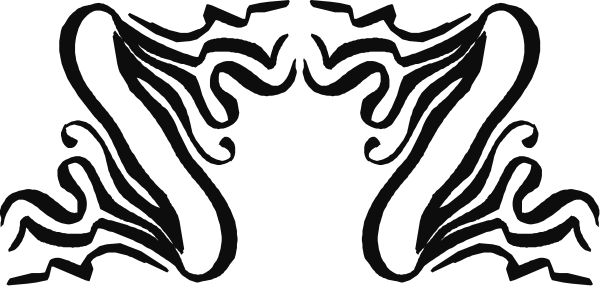 The black and white silhouette of a stylized animal with intricate patterns on its body is shown against an abstract background in this small clip-art image.