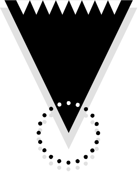 The image shows a black and white tribal design with geometric shapes resembling teeth on either side of what appears to be an animal's face in profile view at the bottom center.