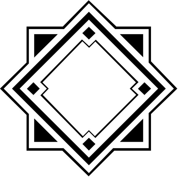 The black and white logo features a diamond shape with intricate patterns inside it on either side of an empty square at its center.