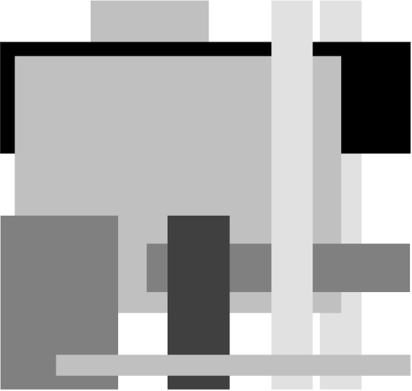 The image shows a black and white pixelated representation of an abstract scene with geometric shapes that resemble furniture pieces such as chairs and tables in various orientations against different backgrounds.
