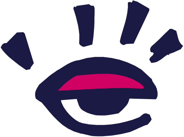 The image shows a simple black and white line drawing of an eye with pink highlights around it on what appears to be a gray background.