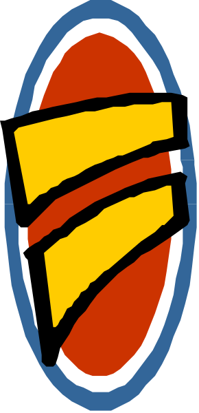 The image shows a stylized logo with an abstract design resembling a shield featuring red and blue elements on top of what appears to be a circular base in shades of yellow-orange; it is set against a gray background, which could suggest that this might represent some form of emblem or insignia.