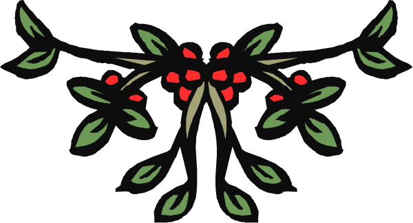 The image shows a black and white illustration of an intricate floral design with red berries at its center.