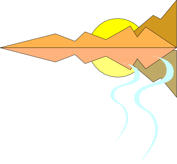 The image shows a stylized sunset with mountains on either side of it, depicted as silhouettes against an orange sky; there is no visible text in this clip-art illustration.