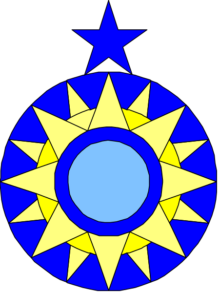 The image shows a stylized emblem with geometric shapes representing stars above an oval that contains rays of light converging towards it from all directions; below this is another circle containing what appears to be a compass rose, and atop there's a star within which sits the word "STAR" in capital letters. The background consists of alternating blue and yellow stripes with two stars on either side framing an empty space where one would expect text or additional imagery; this central area is outlined by white lines creating a sunburst effect, giving it a three-dimensional