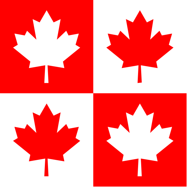 The image shows a red maple leaf on each corner of four black squares against a white background.