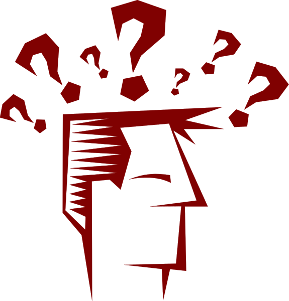 The image shows a stylized graphic of an abstract head with question marks for eyes and hair, suggesting confusion or questioning.
