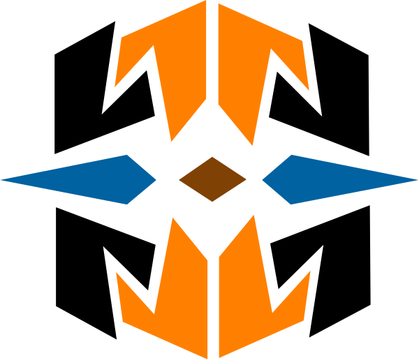 The image shows a stylized graphic with an abstract design featuring geometric shapes that resemble three interconnected rings of varying sizes in shades of orange, blue, white, black, red, green, yellow, and gray against a dark background; it is not possible to discern any specific objects or actions within this abstraction.