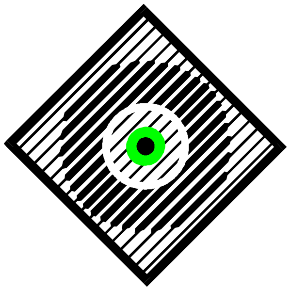 The image shows a black and white optical illusion with concentric circles creating an eye effect at its center.