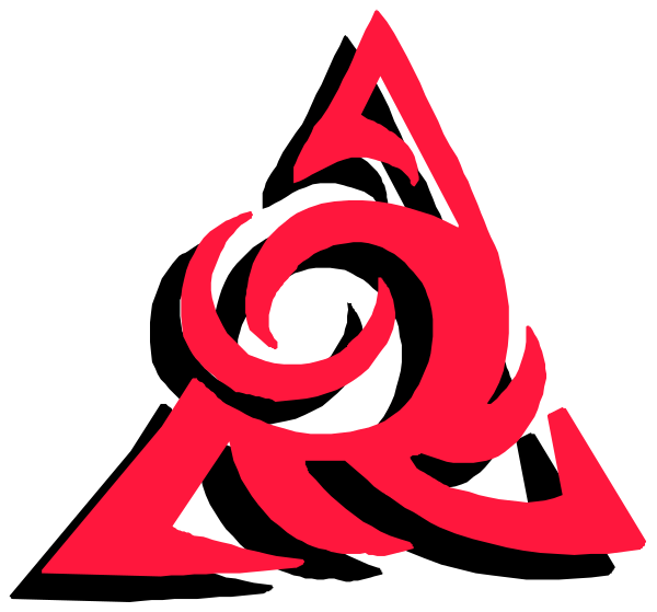 The logo features a red triangle with an intricate design inside it that resembles swirling patterns within another smaller circle at its center.