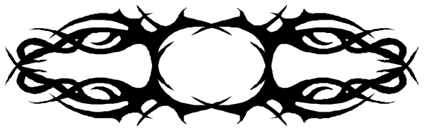 The image shows a black and white photo of three intertwined rings with an abstract design inside them against a gray background.