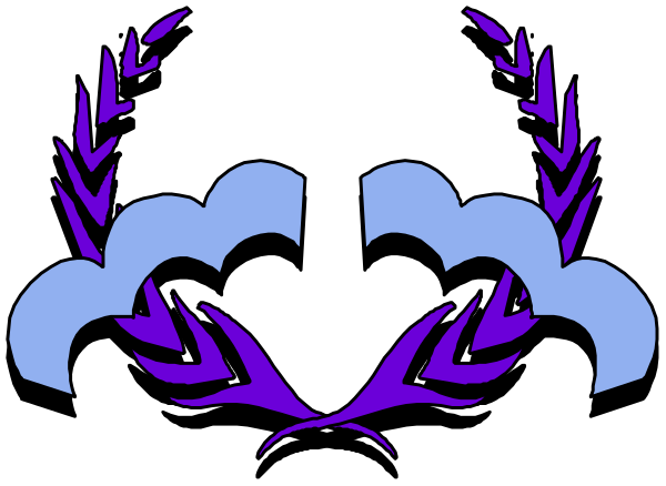 The image shows a purple laurel wreath with two clouds on either side of it against a black background.
