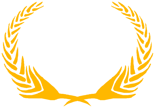 The image shows two laurel wreaths with a black background on either side of an Olympic rings symbol at their center.