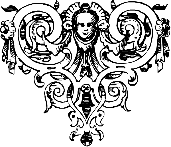 The black and white illustration features a stylized coat of arms with intricate designs on either side, including what appears to be an eagle's head atop each wing-like element; in between these elements is a shield bearing two crossed swords flanked by banners or flags.