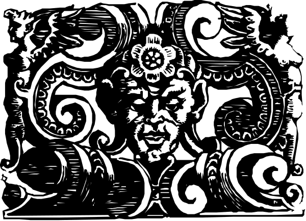 The black and white illustration features an intricate design with a central figure that appears to be humanoid but is stylized in such a way as it's hard to discern specific details about its form, surrounded by elaborate patterns resembling foliage or scrollwork on either side.