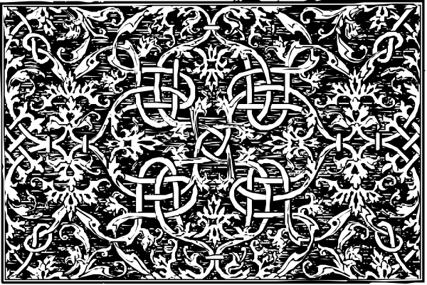 The image shows a black and white pattern with intricate designs that resemble lacework or filigree patterns often found in metalworking or textiles.