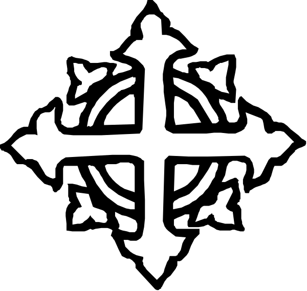 The black and white logo of a cross with an interlocking design on it is shown against a dark background.