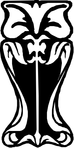 The black and white silhouette of a decorative metal object resembling an owl's head with intricate designs on its wings.