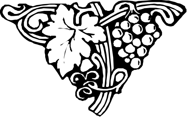 The black and white logo features a stylized vine with grapes on it atop an intricate scrollwork design that includes leaves and vines around its border.