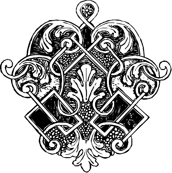 The black and white images show a decorative emblem with intricate patterns resembling heraldic designs featuring swords crossed over each other in an X shape within a shield-like border adorned by leaves, flowers, and scrollwork; above it is another ornate design that includes intertwining vines.