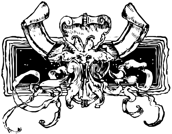 The black and white illustration shows a shield with intricate designs on it inside an oval frame atop what appears to be a scroll-like banner; below this is another emblem featuring two crossed swords, each adorned by ribbons or tassels, set against the backdrop of a dark background.