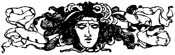 The image shows a black and white illustration of an emblem with various figures that appear to be stylized representations of human faces in profile view.