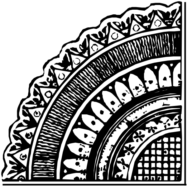 The black and white illustration depicts an intricate architectural detail of a decorative archway with spikes on top against a dark background.
