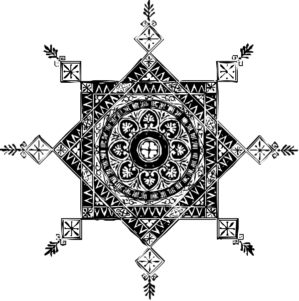 The image shows a black and white embroidered pattern featuring an intricate design with geometric shapes including stars within circles, surrounded by smaller patterns resembling snowflakes around a central motif that could be interpreted as a flower-like shape at its core.