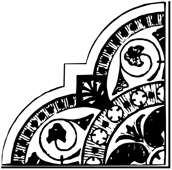 The black and white silhouette of a stained glass window with intricate designs on it.