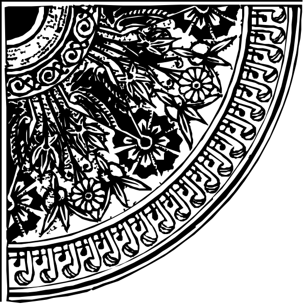 The black and white images show a decorative pattern with intricate designs resembling traditional Indian motifs such as paisley shapes and floral patterns within an oval frame that has elaborate borders featuring what appears to be stylized leaves, flowers, and possibly birds or other embellishments.