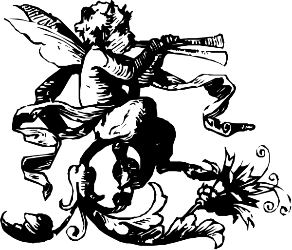 The black and white illustration depicts a person playing an instrument with their back to us while sitting on top of what appears to be a horse-like creature in front of them; there is also another figure lying down next to this scene, possibly asleep or resting.