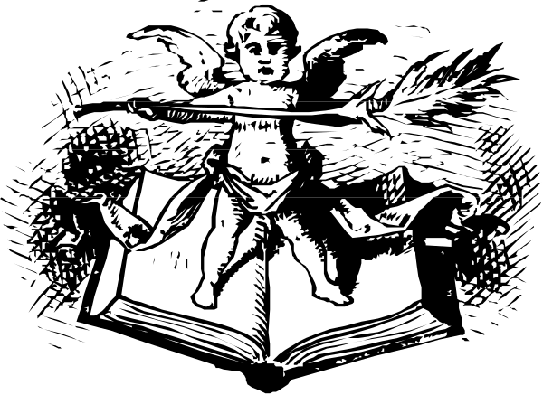 The black and white illustration shows a book with an open cover revealing pages filled with various scenes including characters that appear to be from different time periods; there's also what looks like a person in a hat holding something, possibly related to storytelling or history.