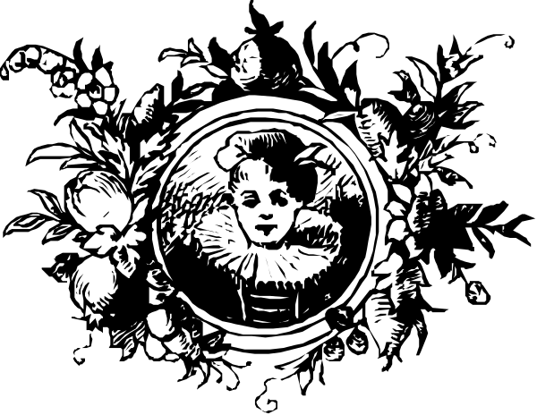 The black and white illustration features a decorative border with floral patterns at top left corner of an oval frame containing a portrait of a person's face within it; below this is another smaller image depicting what appears to be a child in profile, also framed by the same ornate design.