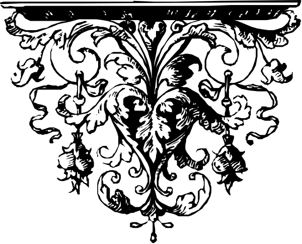 The black and white illustration features a decorative border with intricate patterns on either side of an emblem that resembles two crossed swords in between them.