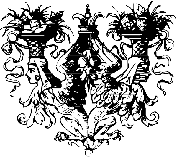 The image shows a black and white graphic with various characters that appear to be from different time periods; there's an ancient Egyptian figure on top left corner, followed by what looks like classical Roman armor in the middle section, then medieval knights towards bottom right, all set against intricate patterns resembling tapestries or embroidery.