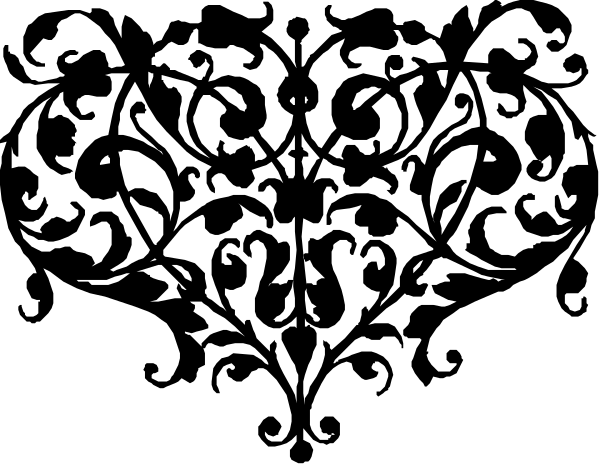 The black and white silhouette of a heart with intricate designs on it against an unseen background.