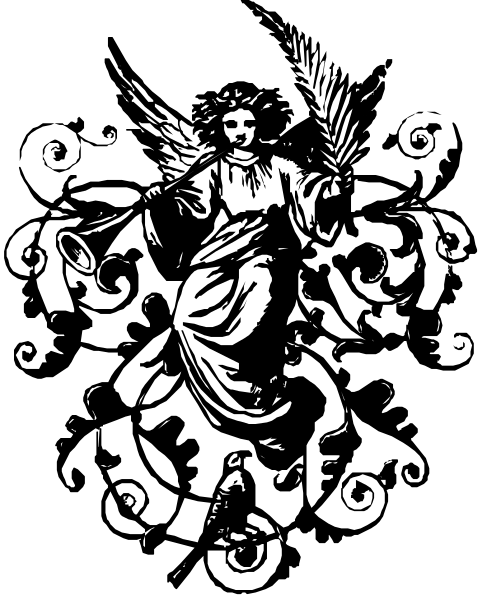 The black and white illustration features a stylized angel with wings holding an hourglass on its left hand while standing atop what appears to be a scroll-like design in front of it.
