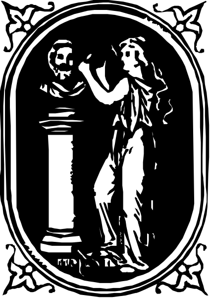 The black and white illustration shows a classical female figure standing next to an oval plaque with her reflection on it; she is holding what appears to be a scroll in one hand while gesturing towards something off-frame, possibly another object of importance, which could suggest that this image might represent the concept or theme of "knowledge" or "wisdom."