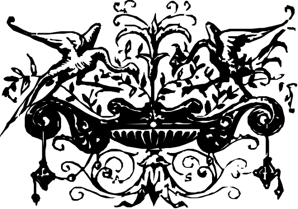 The black and white silhouette of a dragon with intricate designs on its body against an untextured background.