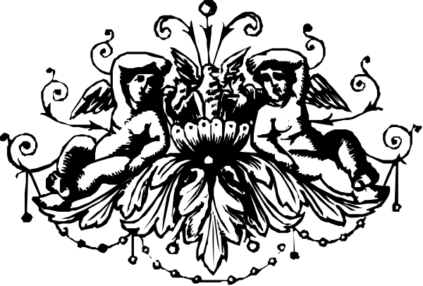 The black and white illustration shows a decorative emblem with two cherubs on either side of an intricate design in between them; above this central motif is another smaller image featuring three angels, each holding what appears to be musical notes.
