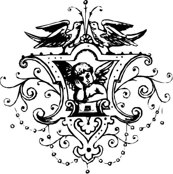 The black and white emblem features a shield with an angel on top holding wings outstretched to either side of it; below this is another smaller winged figure that appears to be male due to its facial hair, wearing what looks like armor pieces around his neckline.