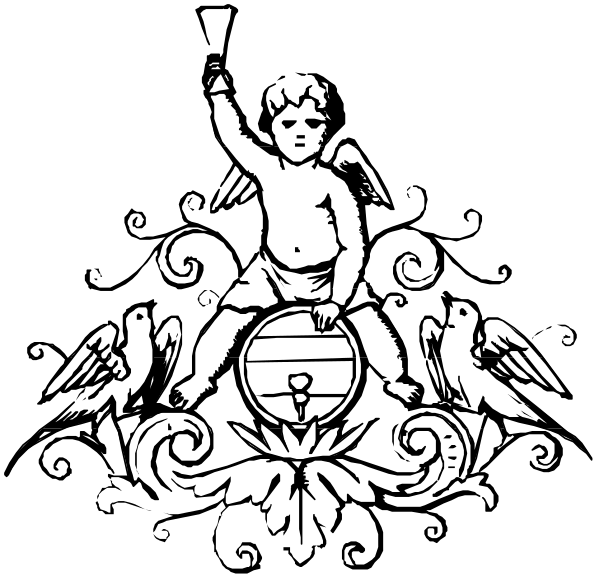 The black and white illustration features a cherub riding on an anchor with two birds perched nearby; there is also another bird in flight above them all.