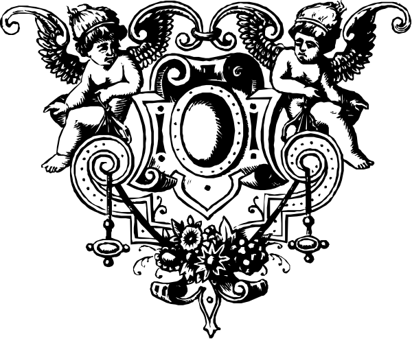 The black and white illustration features a decorative emblem with intricate patterns that include swirls, flowers, cherub figures on either side of an oval shape containing text, all set against a dark background.