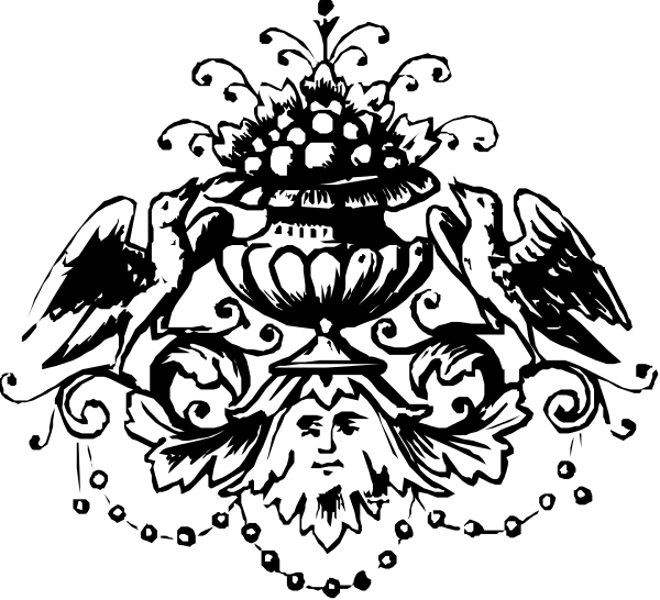 The black and white illustration features a crest with an eagle on top of it to its left side; below is a shield-like design containing what appears to be three crowns atop each other, flanked by two birds facing opposite directions near the bottom corners.
