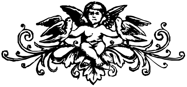 The black and white illustration features a decorative border with intricate patterns on either side of an angel figure at its center.