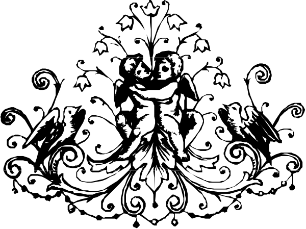 The black and white illustration features a decorative border with intricate patterns including swirls, leaves, birds, and possibly other embellishments surrounding an emblem in the center that resembles a shield-like design containing two figures facing each other within it; above this central figure is another smaller one.