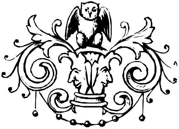 The black and white illustration features a coat of arms with an owl perched on top, flanked by two scrolls at either side; below them is a shield adorned with three crowns in front of which stands a lion rampant guarding it all.