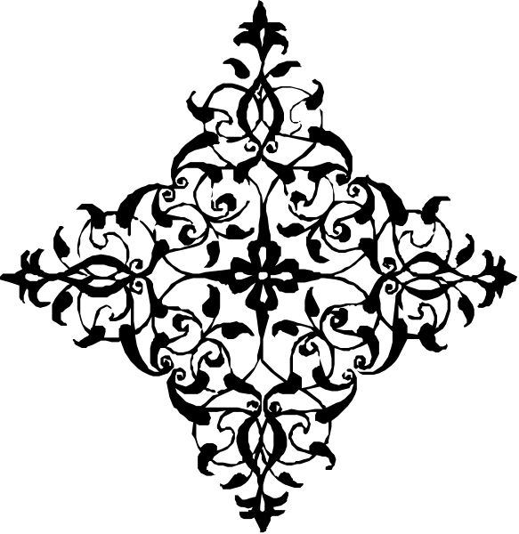 The black and white image shows a decorative pattern with intricate designs that resemble snowflakes against an empty background on top of which there is another smaller square-shaped design featuring what appears to be stylized leaves, possibly representing trees in silhouette form at bottom right corner.