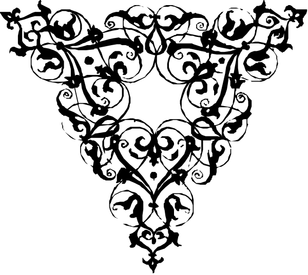 The black and white silhouette of a decorative pattern resembling an emblem with intricate designs around it on a dark background.